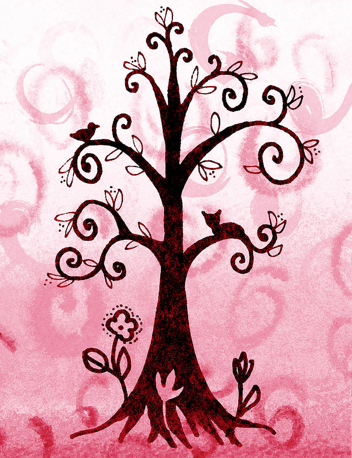 Whimsical Tree With Cat And Bird Painting by Irina Sztukowski
