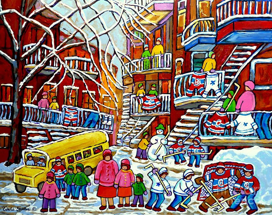 Whimsical Winter Wonderland Snowy School Bus Montreal Story Book Scene Hockey Art Carole Spandau     Painting by Carole Spandau