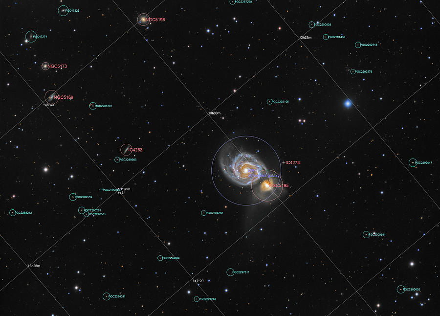 Nature Photograph - Whirlpool Galaxy in constellation Canes Venatici, picture with annotation by Lukasz Szczepanski
