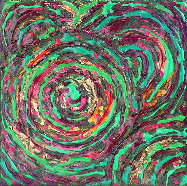 Whirlpools In Green Metallic Textured Acrylic Painting Green Red Orange