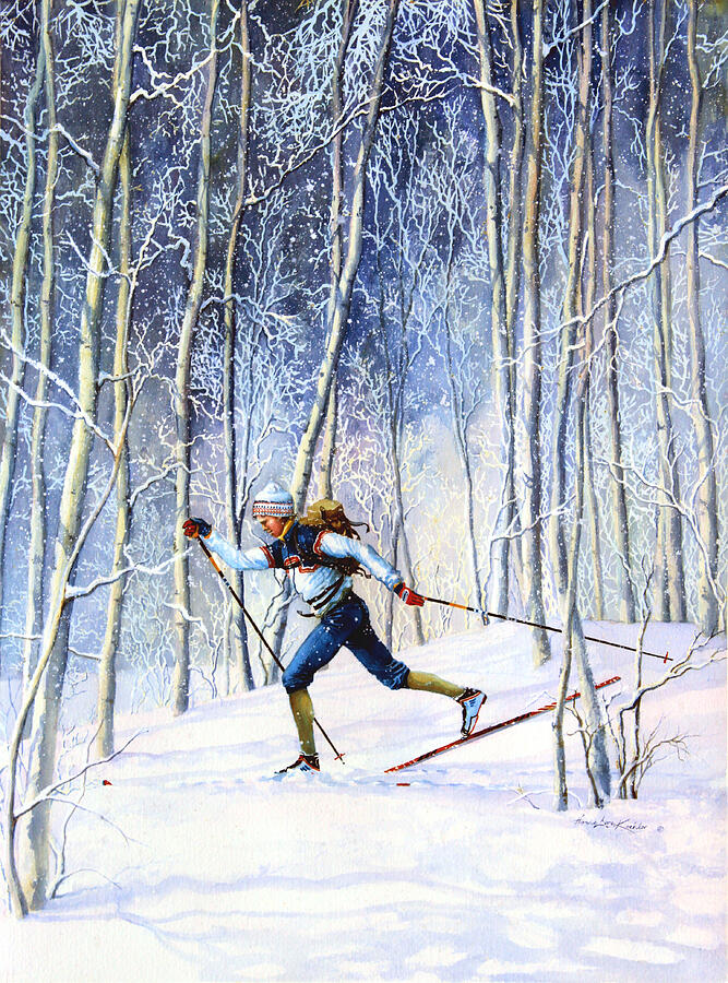 Зимний день и лыжи. Кустодиев лыжники картина. Ганс Эмахузен лыжи. Лыжи в живописи. Зимний пейзаж с лыжником.