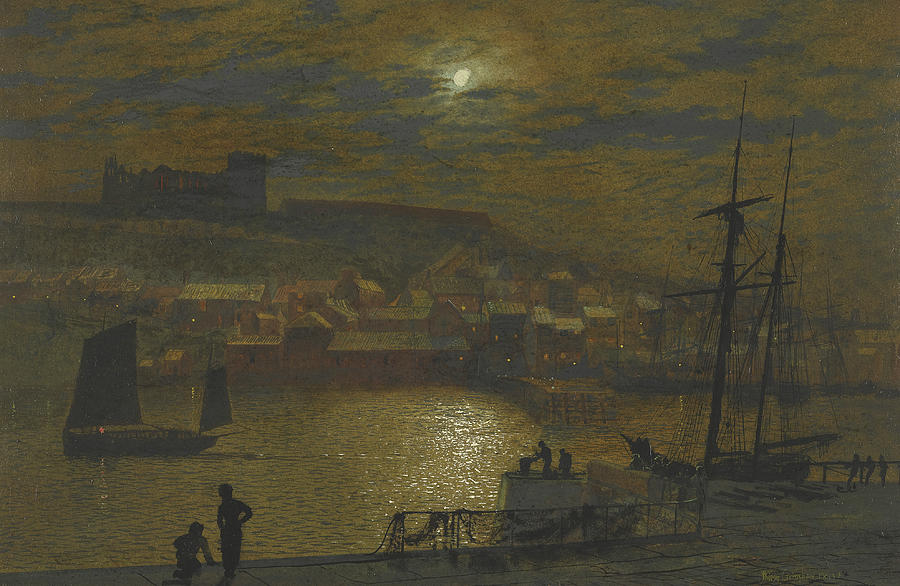 Whitby from Scotch Head Moonlight on the Esk Painting by John Atkinson Grimshaw