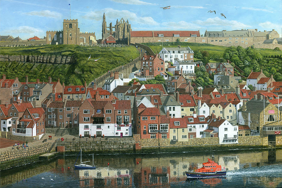 Seagull Painting - Whitby Harbor North Yorkshire  by Richard Harpum