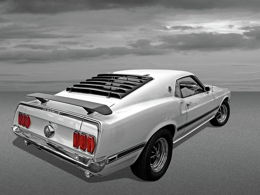 White 69 Mach 1 in Black and White Photograph by Gill Billington