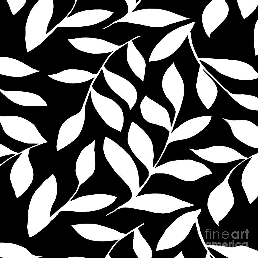 White And Black Leaves Design Painting by Saundra Myles