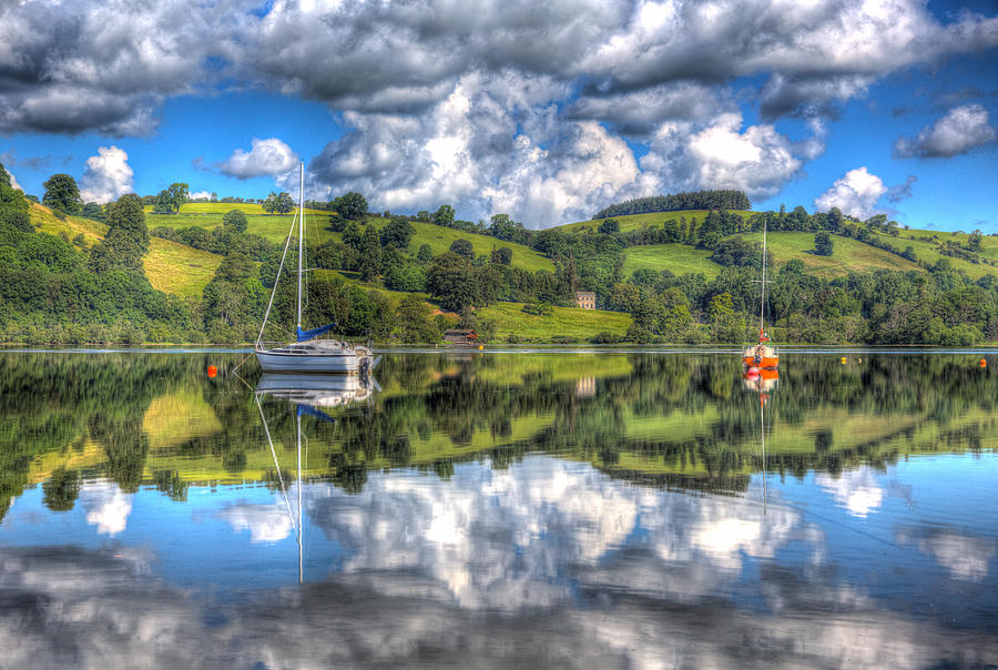 Boat Photograph - White And Orange Sailing Boats On Beautiful Lake With Hills In Summer by Charlesy 