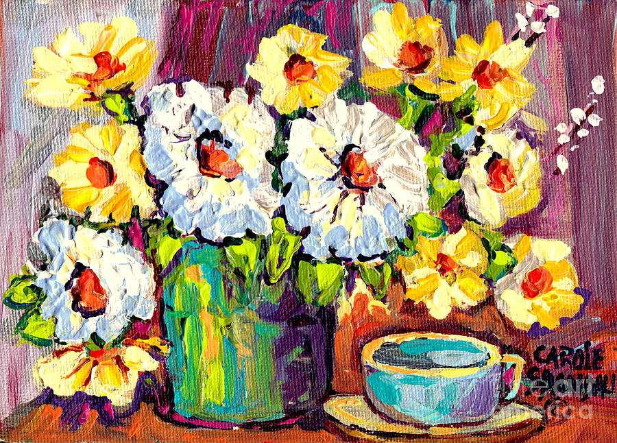 White And Yellow Flowers In Blue Vase With Cup Colorful Original Painting By Carole Spandau Painting by Carole Spandau