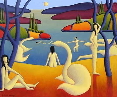 White Bathers in softscape with trees and swans Painting by Alan Kenny