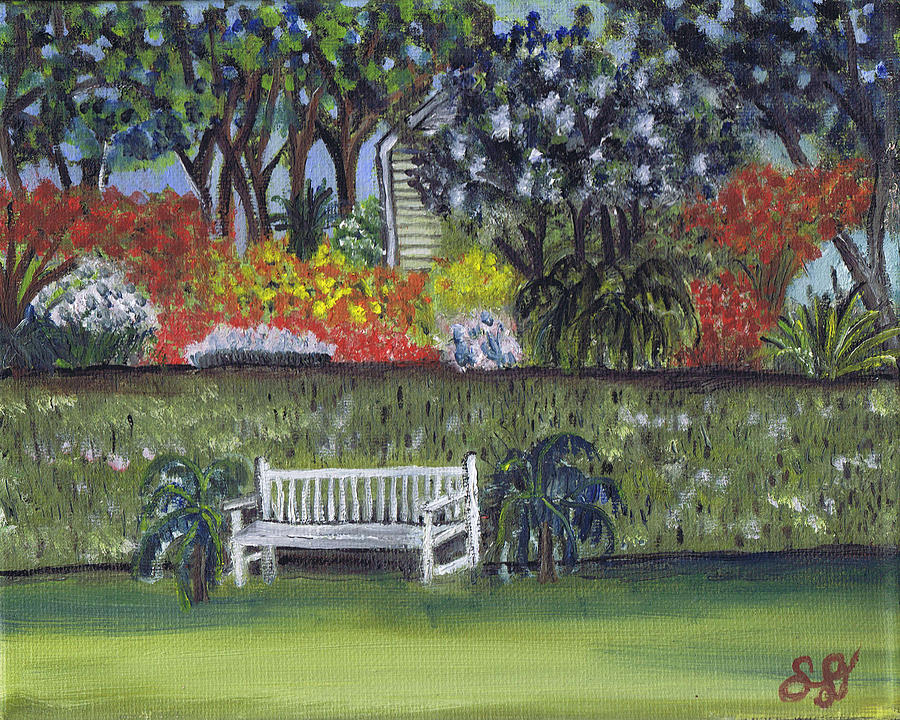 Flower Painting - White Bench in Colorful Garden by Samara Doumnande