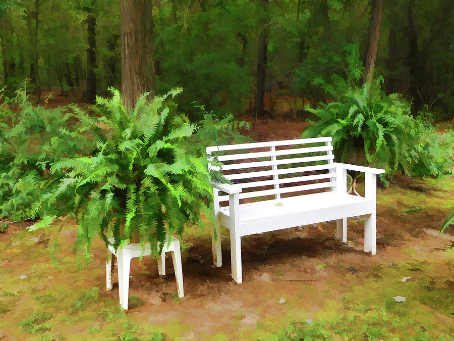 White bench sitting in a beautiful garden 1 Painting by Jeelan Clark
