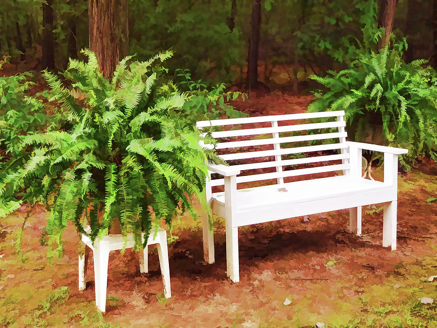 White bench sitting in a beautiful garden 2 Painting by Jeelan Clark
