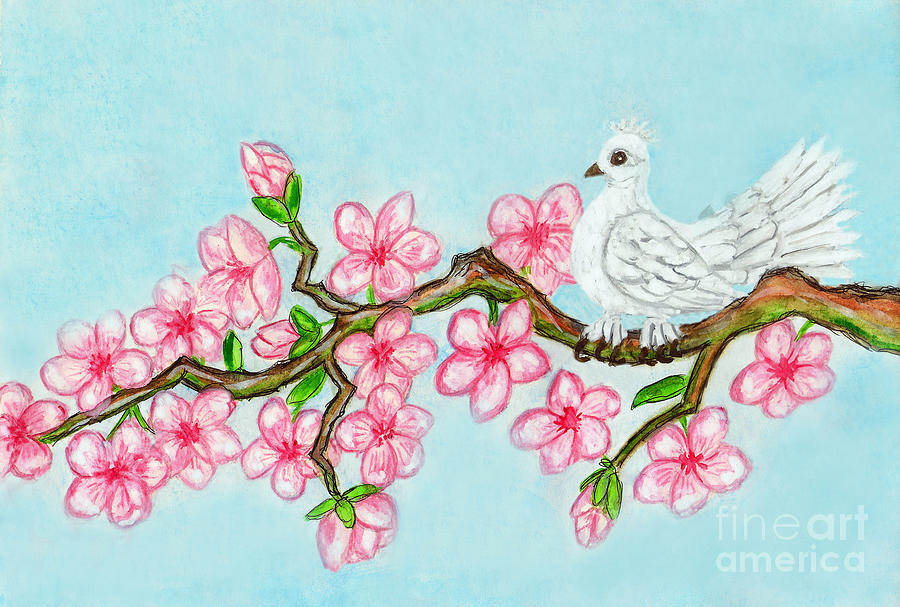 White bird on branch with pink flowers, painting Painting by Irina Afonskaya