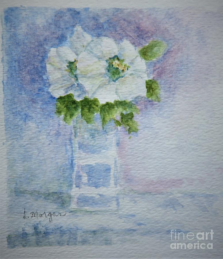 White Blooms in Blue Vase Painting by Laurie Morgan