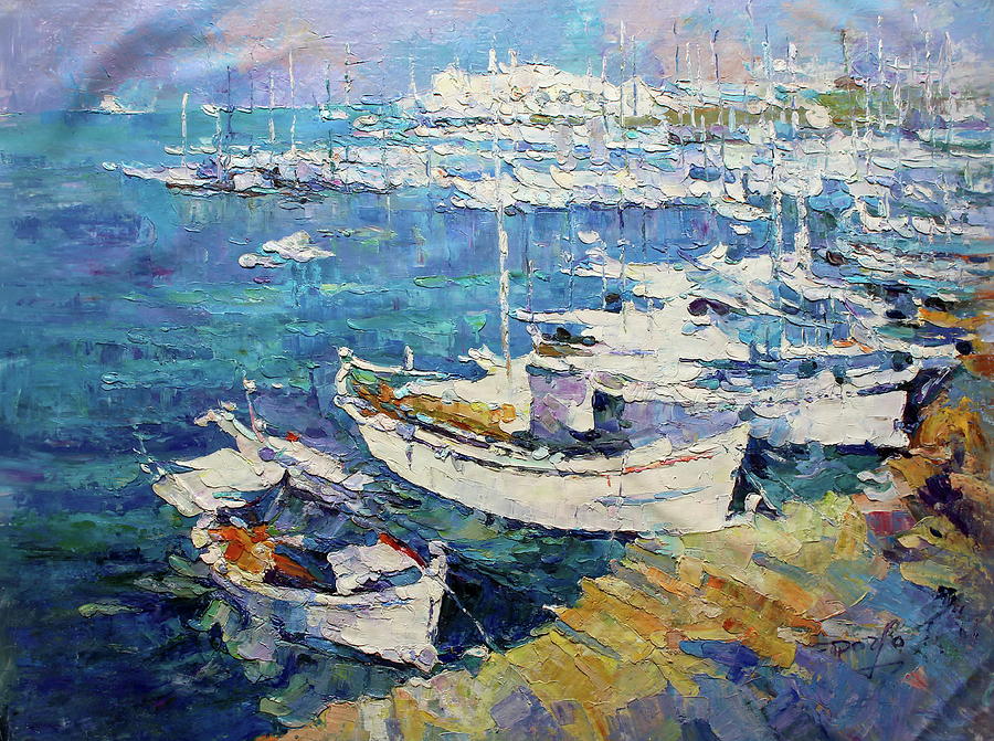 White Boat at Harbor Painting by Royo Liu - Fine Art America