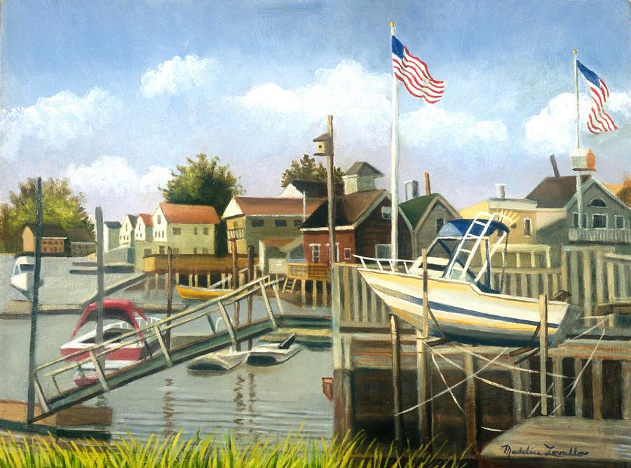 White Boat with Flags in Broad Channel Painting by Madeline Lovallo