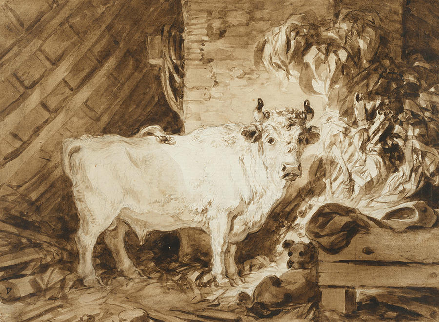 Animal Drawing - White Bull and a Dog in a Stable by Jean-Honore Fragonard