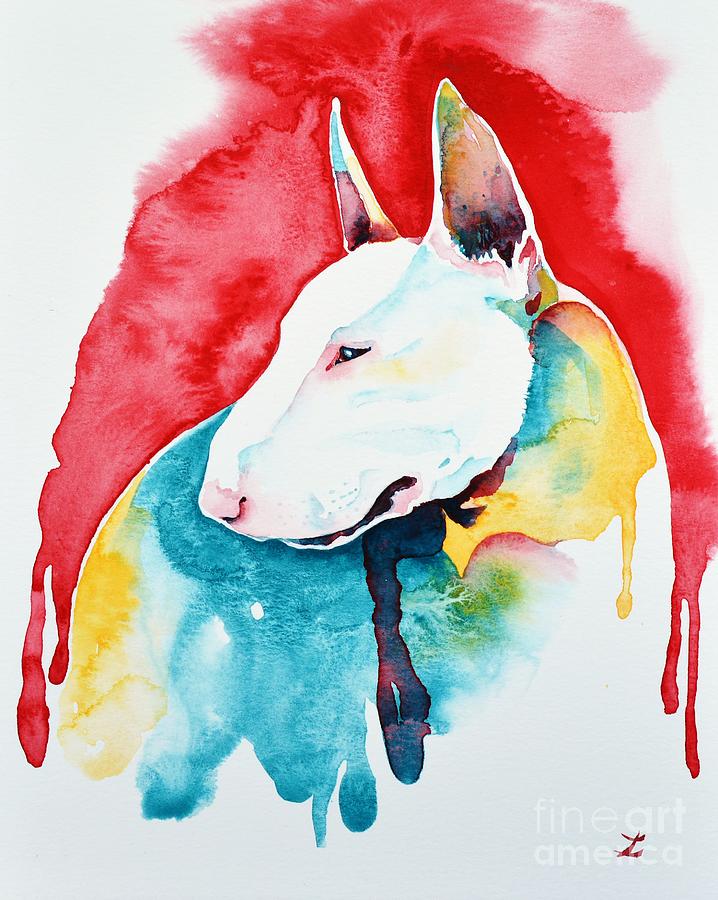 White Bull Terrier Painting by Zaira Dzhaubaeva