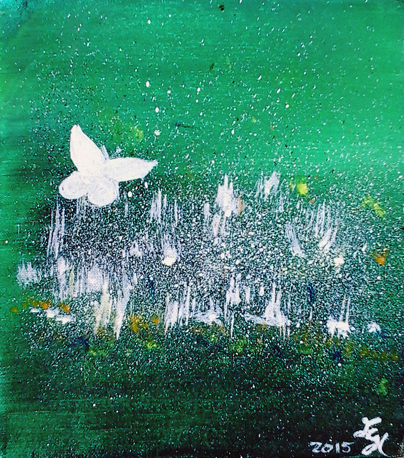 White Butterfly in clover blooms Painting by Loretta Nash