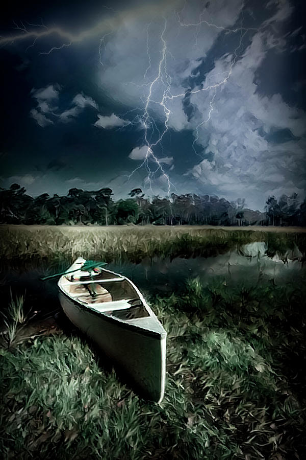 White Canoe Dark Lightning Painting Photograph by Debra and Dave Vanderlaan