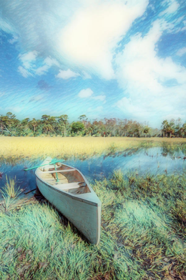 White Canoe in Gentle Colors Painting Photograph by Debra and Dave Vanderlaan