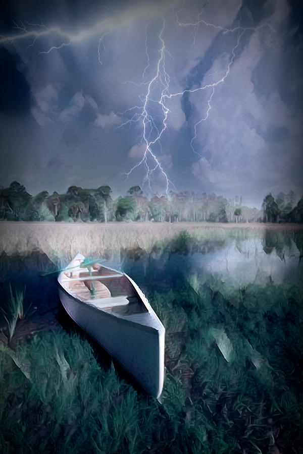 White Canoe in the Evening Lightning Storm Dramatic Oil Painting Photograph by Debra and Dave Vanderlaan