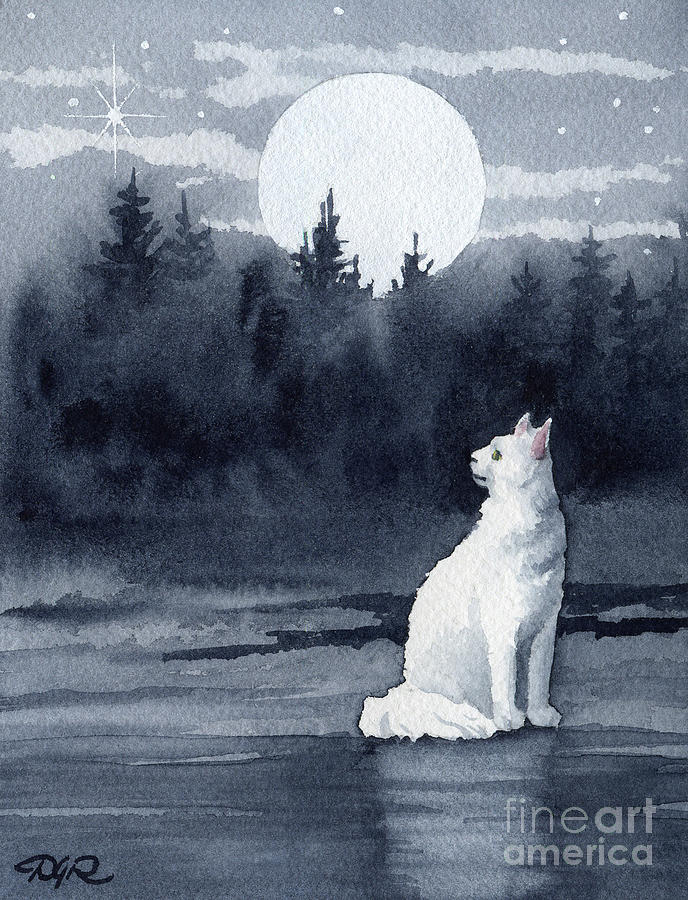 White Cat Under The Moon Painting By David Rogers