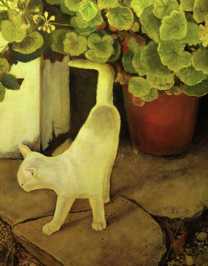 White cat with geraniums Painting by Walt Maes