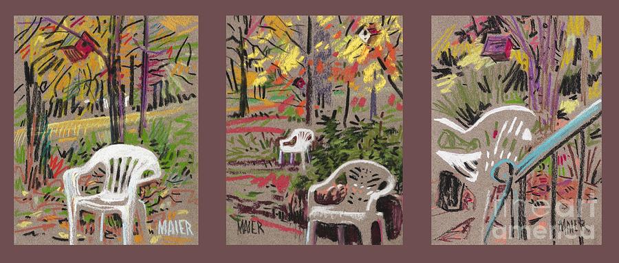 Landscape Drawing - White Chairs and Birdhouses 1 by Donald Maier