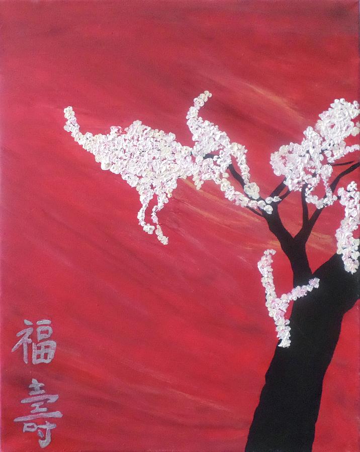  Image 1 out of 3-Oriental Art- red Sunset Cherry Blossoms Painting by Geanna Georgescu