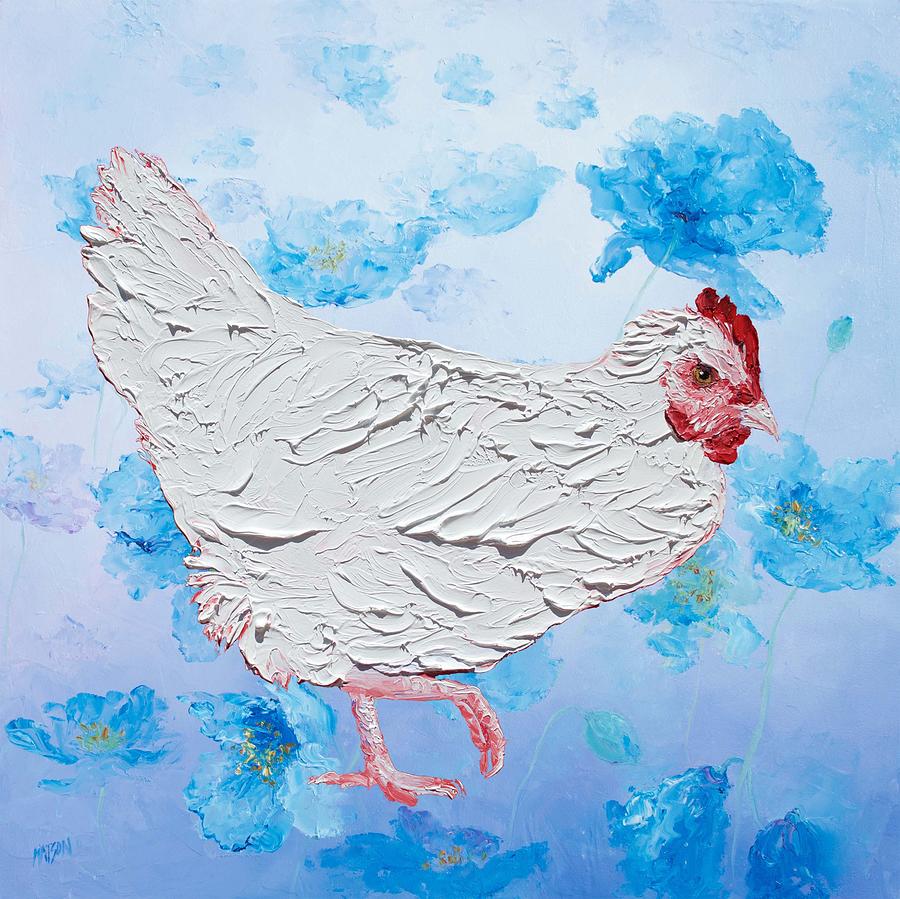 White chicken on blue floral background Painting by Jan Matson