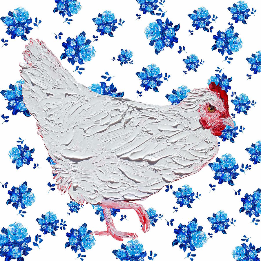 White chicken on blue rose background Painting by Jan Matson