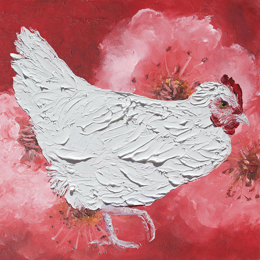 Chicken Painting - White chicken on cherry blossom background by Jan Matson