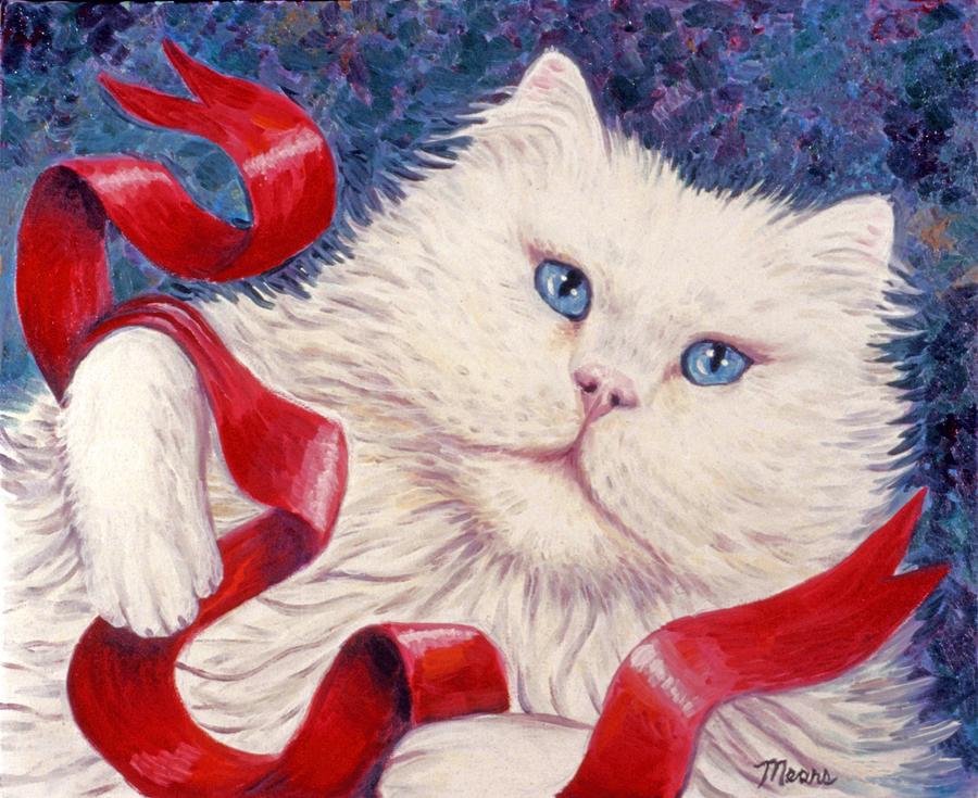 Christmas Cat Painting - White Christmas Cat by Linda Mears