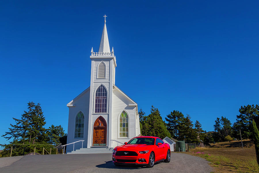 White Church And Mustang Photograph by Garry Gay