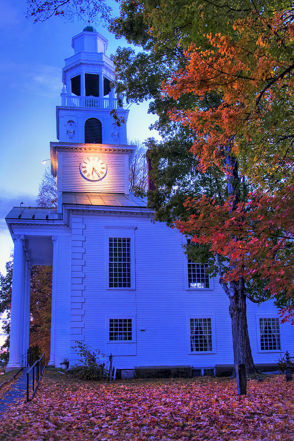 White Church in Autumn at sundown - Windsor Vermont Photograph by Joann Vitali