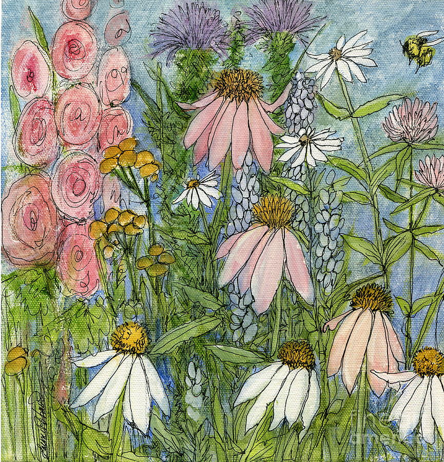 White Coneflowers in Garden Painting by Laurie Rohner