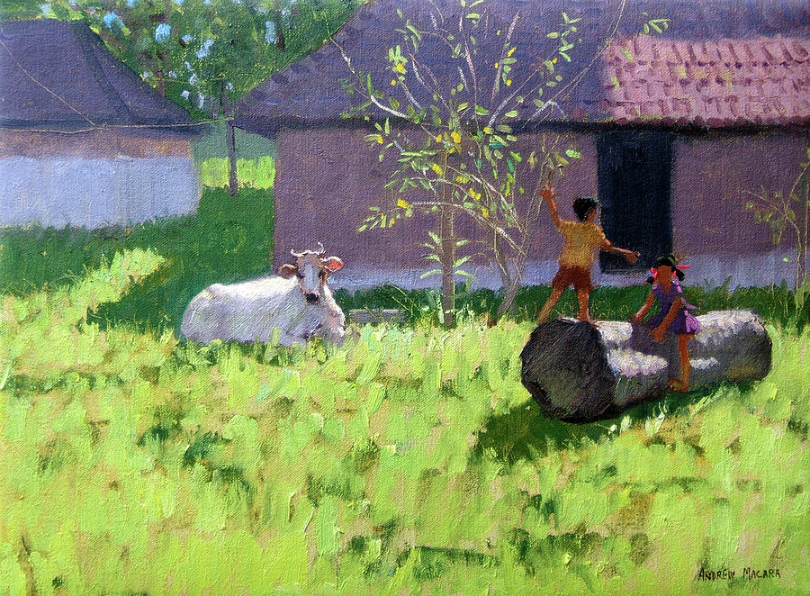 Tree Painting - White Cow and Two Children by Andrew Macara