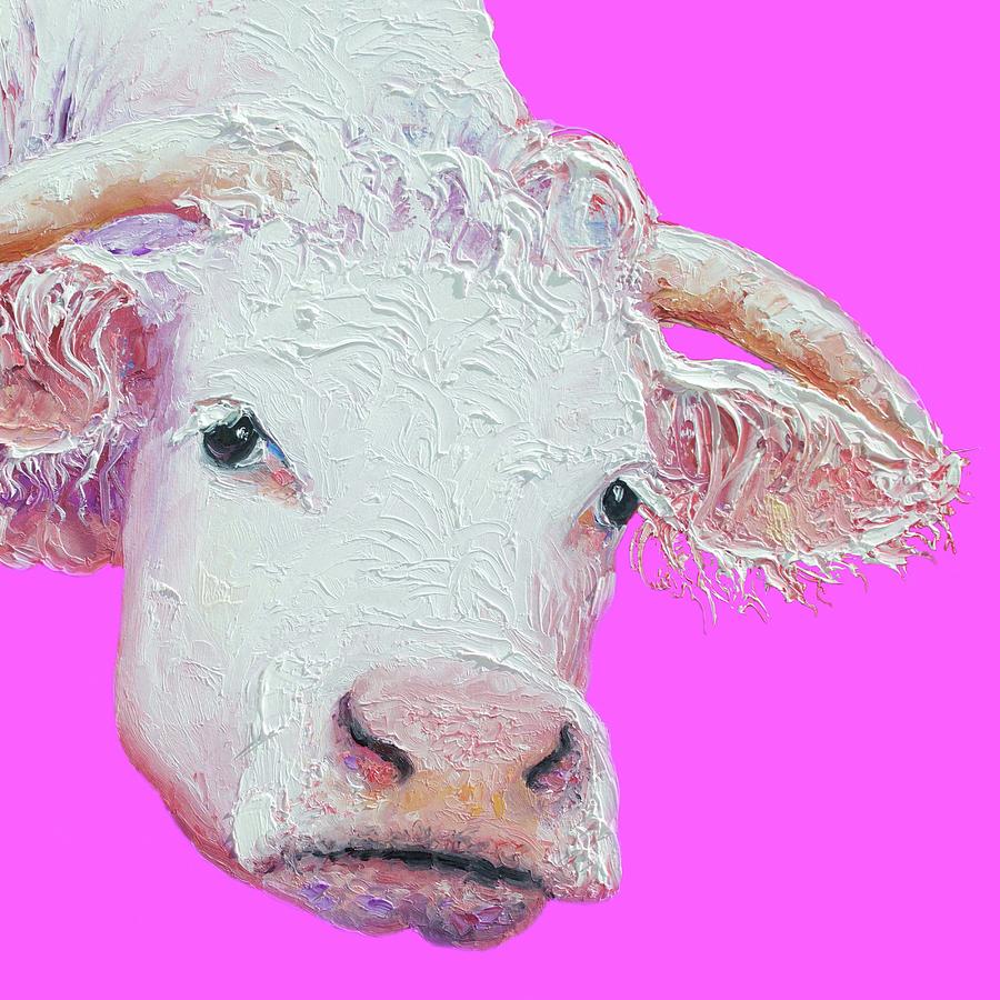 Impressionism Painting - White cow on pink background by Jan Matson
