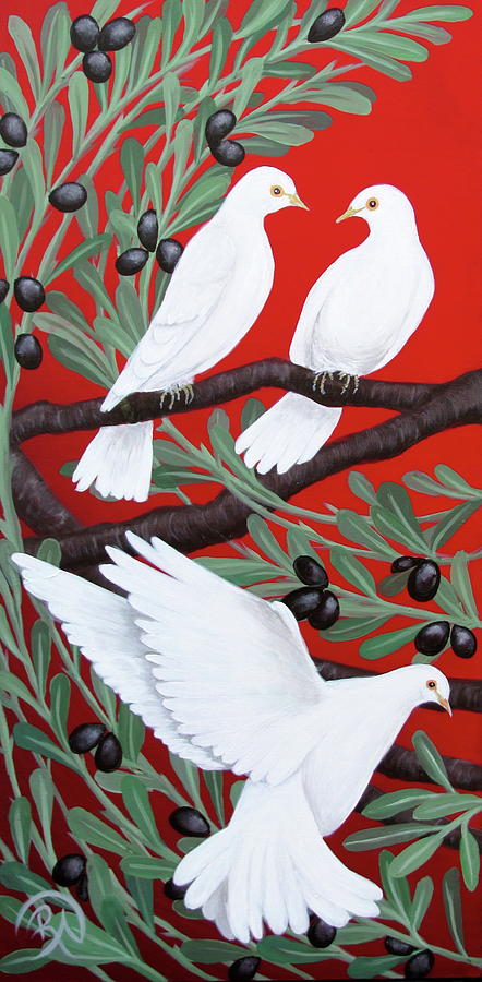 White Doves Among Olive Branches Painting by Renee Noel