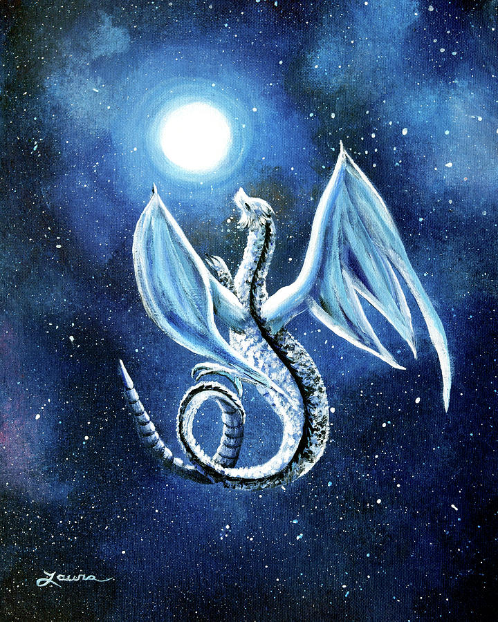 White Dragon in Midnight Blue Painting by Laura Iverson