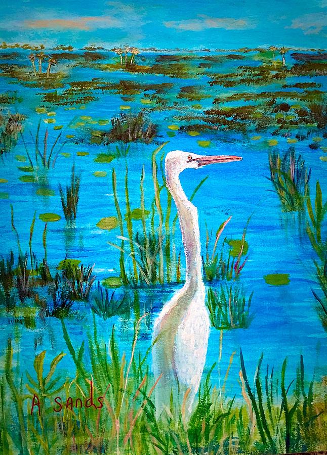White Egret in Florida Painting by Anne Sands
