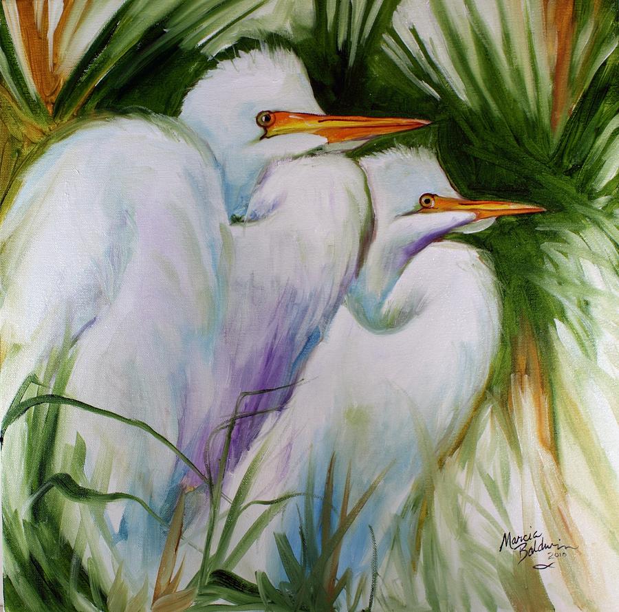 White Egret Pair Abstract Painting by Marcia Baldwin