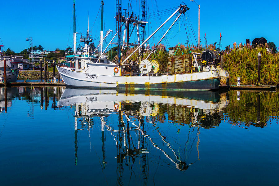 White Fishing Boat Reflection Photograph by Garry Gay