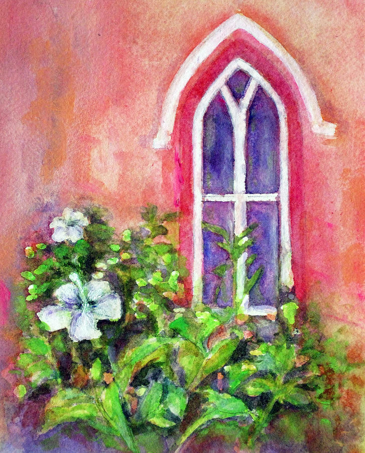 White Flower and Church Window Painting by Elise Ritter