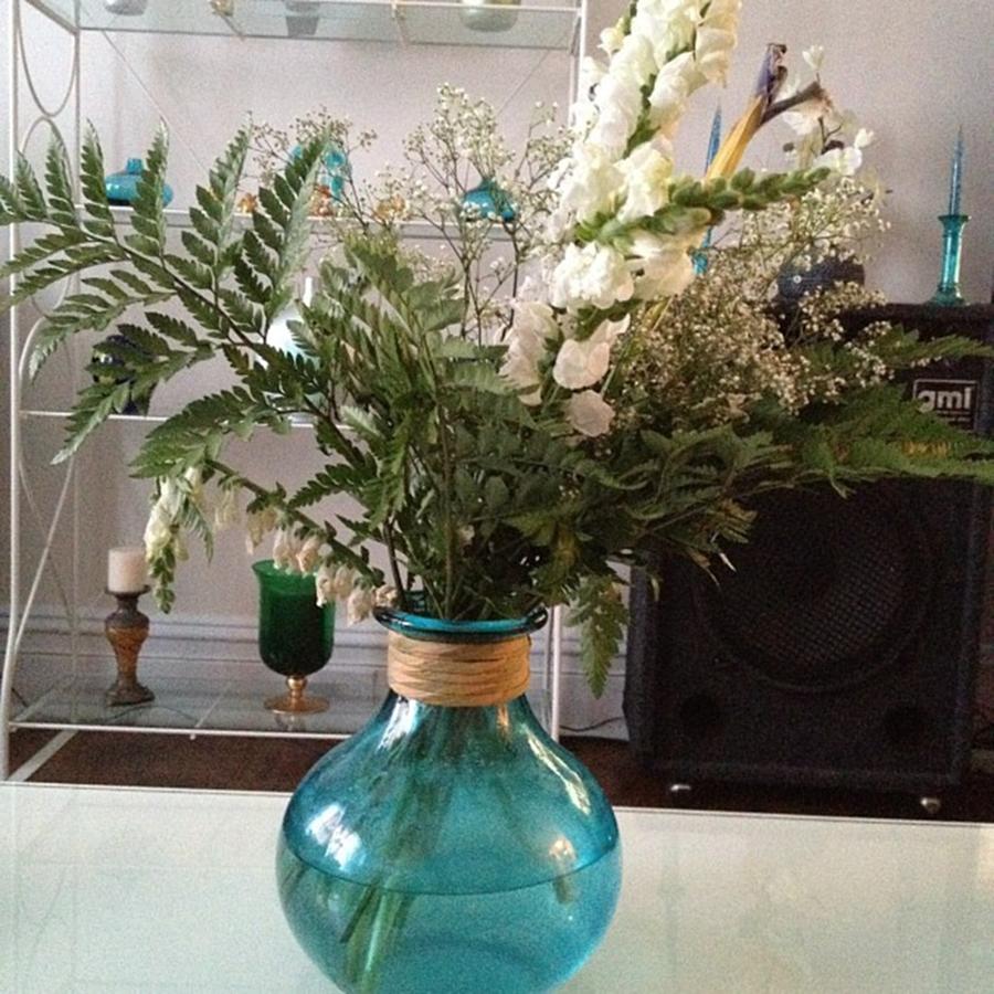 White Flowers, Green Leafs, Blue Vase Photograph by Jose Rojas