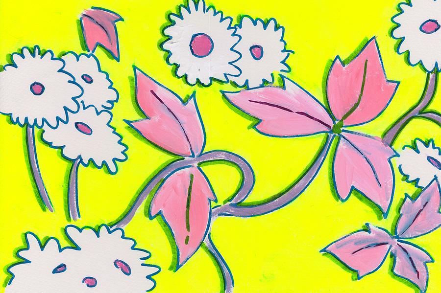 White Flowers on Bright Yellow with light purple leaves pattern Painting by Mike Jory