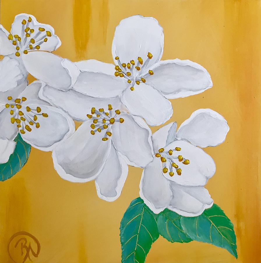 White Flowers on Gold #1 Painting by Renee Noel