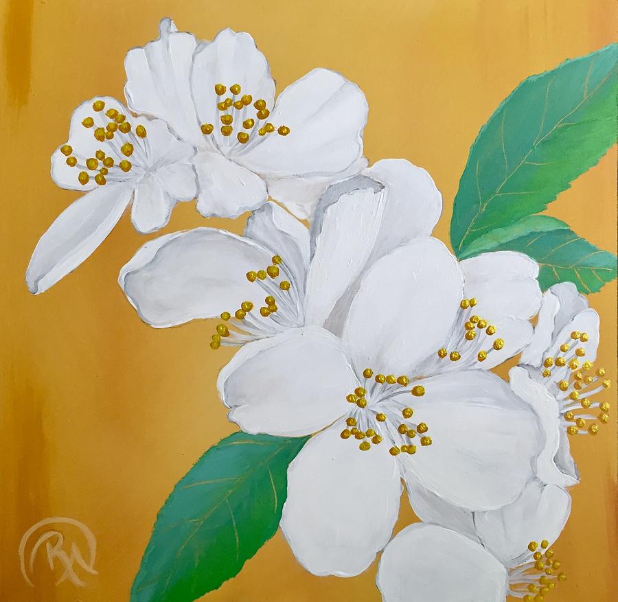 White Flowers on Gold #2 Painting by Renee Noel