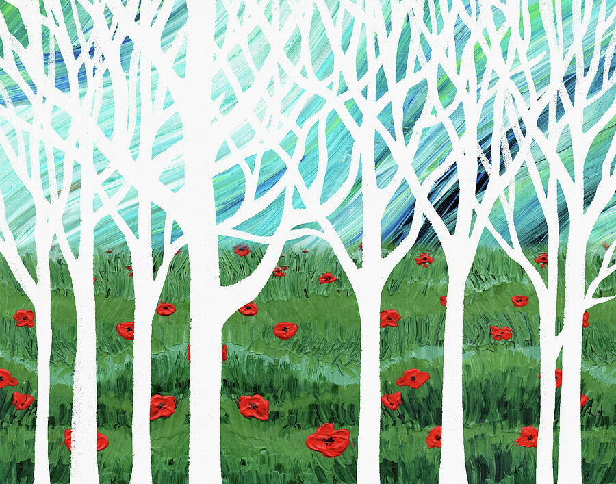 White Forest Poppy Field Blue Sky Painting by Irina Sztukowski