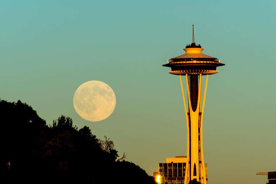 White Full moon with Space Needle Photograph by Hisao Mogi